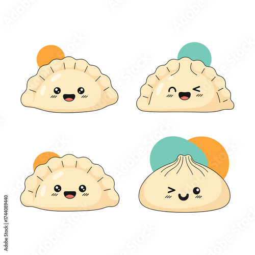 Four cute kawaii dumplings with happy smiling faces and blush cheeks. 