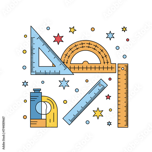 A colorful collection of geometric measurement tools and stars for educational purposes.