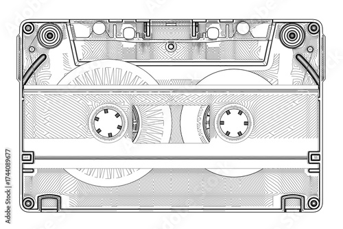 Cassette tape contour drawing in black and white on a plain background.