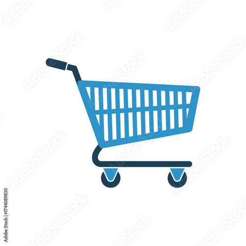 Blue shopping cart represents retail activity on white, symbolizing consumerism and commerce with a clean, modern aesthetic.