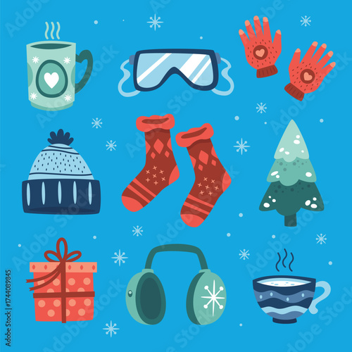 Monochrome set of boots, scarf and mittens, warm winter accessory, flat style vector