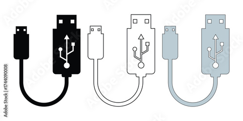 USB Cables, Type A, Type B, Type C, Mini, Micro Connectors Vector Illustration.