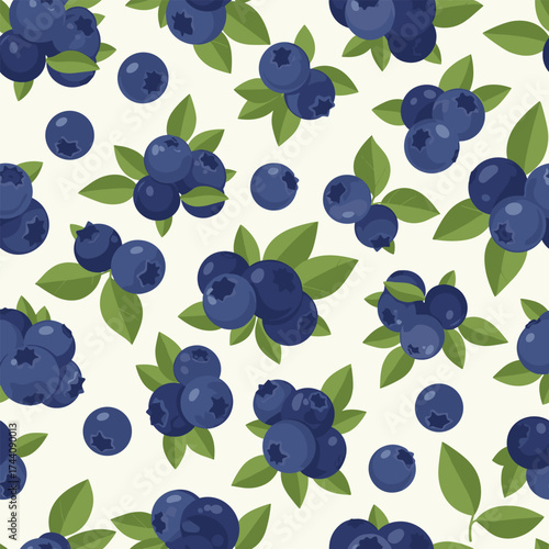 A delightful pattern featuring plump blueberries and vibrant green leaves on a light background.