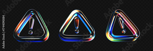 3D glass warning icon with holographic neon gradient glow isolated on dark bg. Render of liquid glass triangle attention sign. Transparent caution mark for danger, exclamation and hazard. 3D vector