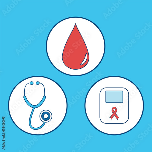 Healthcare icons blood drop stethoscope glucose meter medical health awareness symbols