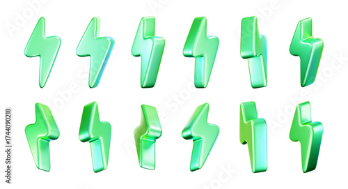 3D neon chrome green lightning bolt icons, electric thunderbolt eco energy symbol. Renewable power, green tech, sustainability, charging, clean energy sign. Realistic vector render on white background