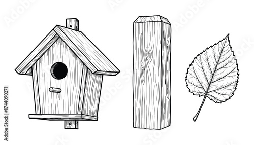 Birdhouse Wood Post And Leaf