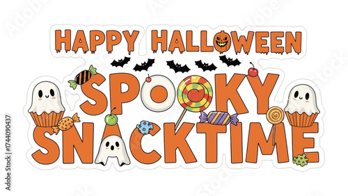 Spooky Snack Time: An array of adorable Halloween treats and sweets spell out the festive phrase Spooky Snacktime with spooky characters and a festive vibe.