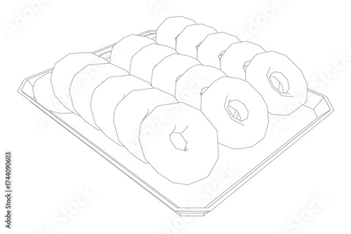 A set of donuts arranged neatly on a light wood tray against a stark white background. The overlapping contour creates a visually appealing composition.