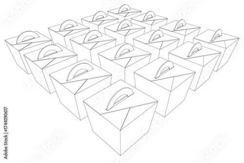 A set of food containers in black contour line drawing style on a white background. This minimalist illustration is perfect for packaging design concepts.