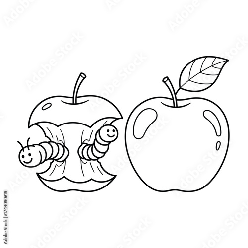 A whole apple and a half eaten apple with two caterpillars inside.