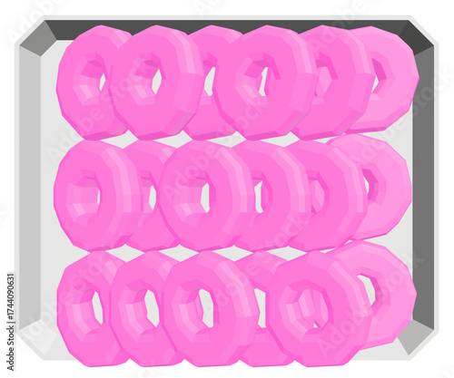 A pink polygonal donut sits on a white tray set, animated with a lively and vibrant 3D style.