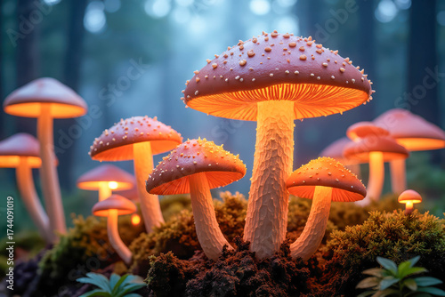 A cluster of fantastical mushrooms with orange glowing caps and white stems, surrounded by moss and soil in an enchanted foggy forest.