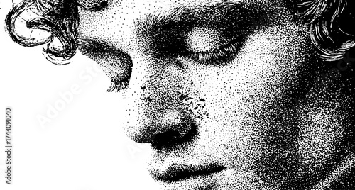 Intricate dotwork stippling art of a blurred human face in profile