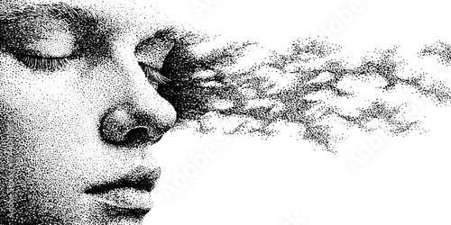 Intricate dotwork stippling art of blurred face in thoughtful expression