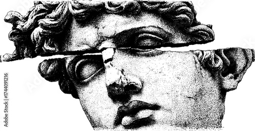 Intricate dotwork stipple illustration of a broken ancient sculpture for artistic design