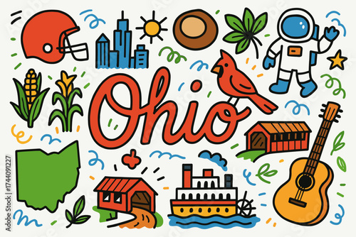 Ohio landmark doodle icon set. flat style collection of ohio symbols and attractions.