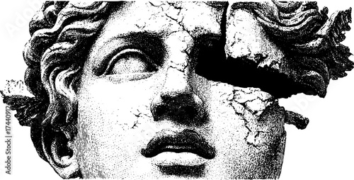 Ancient sculptural art with broken details in stipple dotwork technique for design use