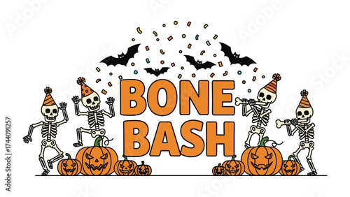 Bone Bash: Whimsical skeletons and pumpkins gather under a spooky sky, and the spirit of Halloween. It is perfect invitation to the Halloween party.