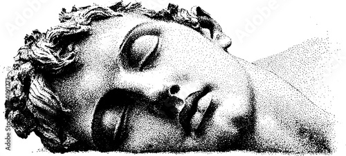 Ancient broken statue illustration with detailed dotwork stippling effect for artistic design