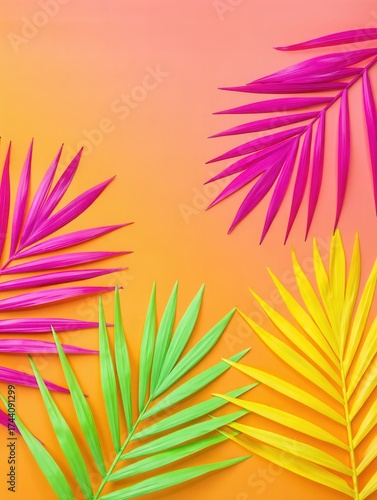 Brightly colored tropical leaves arranged on a warm gradient background, creating a lively and cheerful atmosphere, perfect for summer themes.