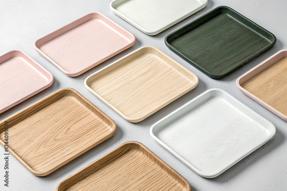 Fototapeta premium A collection of square ceramic trays in various pastel and earthy tones