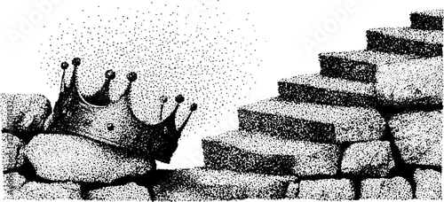 Intricate stipple design of a broken crown amidst rocky steps for artistic projects