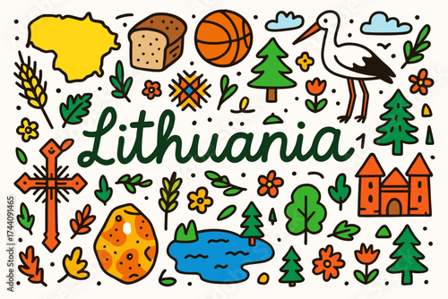 Lithuania icon set. flat cultural icons, nature, and landmarks collection