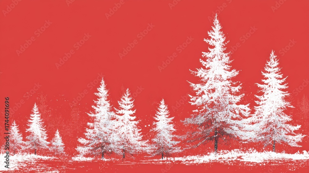 Obraz premium White pine trees on a red background. Christmas concept.