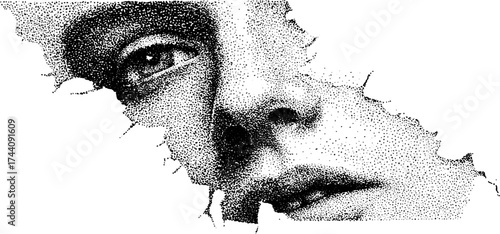 Intricate dotwork stippling of a broken mirror with face reflection for art and design projects