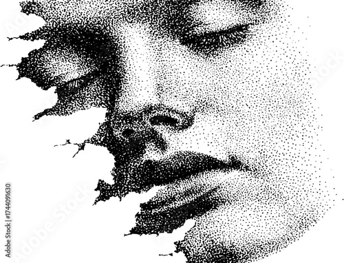 Intricate dotwork stippling of a face and broken mirror for creative design use