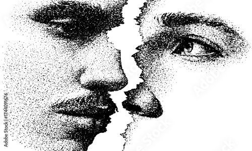 Intricate dotwork stipple illustration of a broken mirror effect reflecting faces