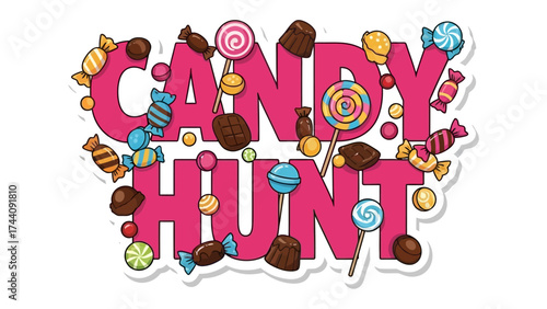 Candy Hunt Illustration: Playful, colorful illustration that promotes a candy hunt activity, with a variety of candies arranged artfully to celebrate this festive tradition. 