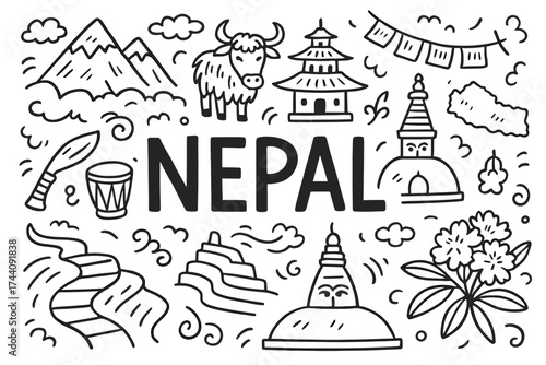 Nepal travel and culture outline icon set. scenic, heritage icons collection