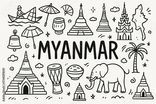 Myanmar travel outline icon set: landmarks, culture, traditional symbols collection