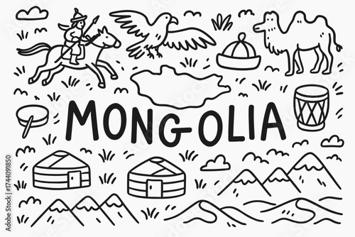 “mongolia icon set. outline illustrations of landscapes, wildlife, and culture”
