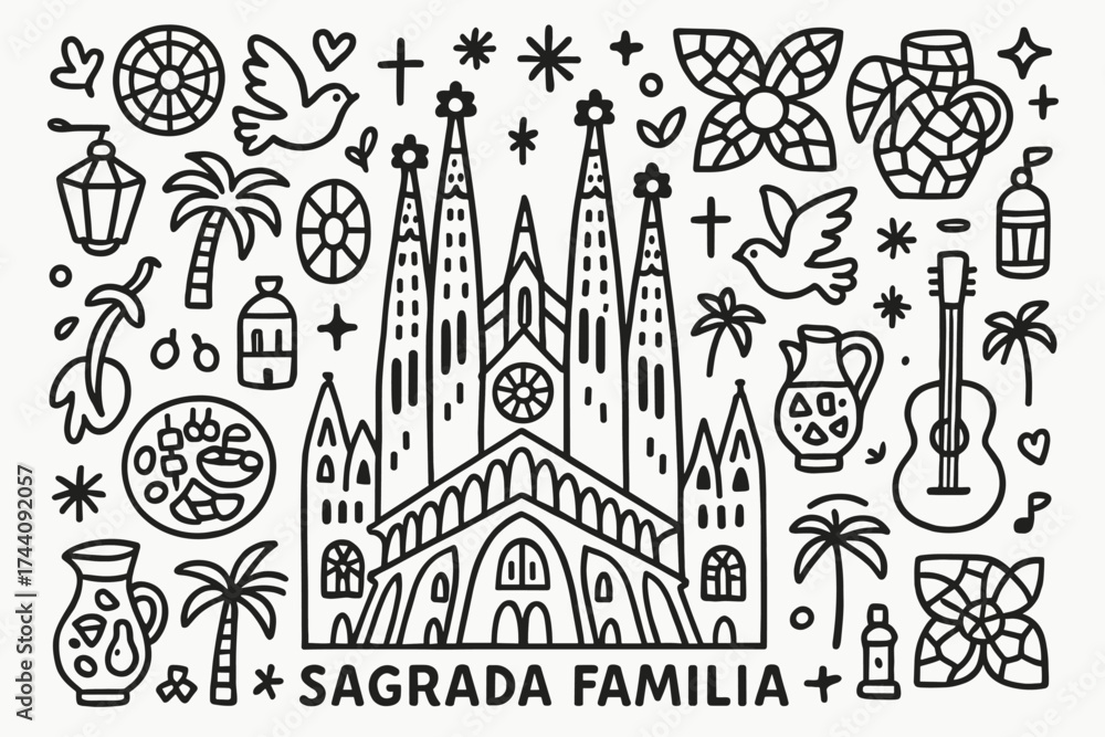 Fototapeta premium Barcelona icon set. sagrada familia, gaudí, outline landmarks and symbols collection