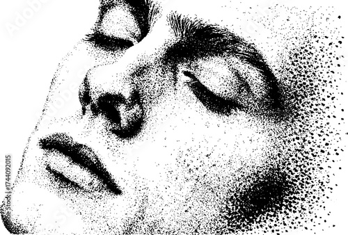 Tranquil human face in detailed dotwork stippling illustration for art and design