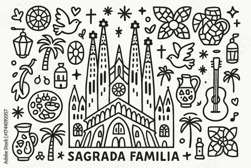Barcelona icon set. sagrada familia, gaudí, outline landmarks and symbols collection