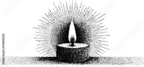 Intricate stipple dotwork of candle flame with radiant glow for artistic decor