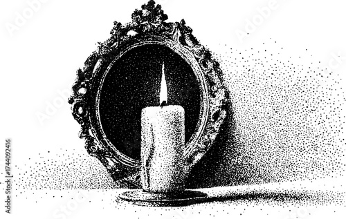 Intricate dotwork stipple illustration of a melting candle in ornate setting for artistic design
