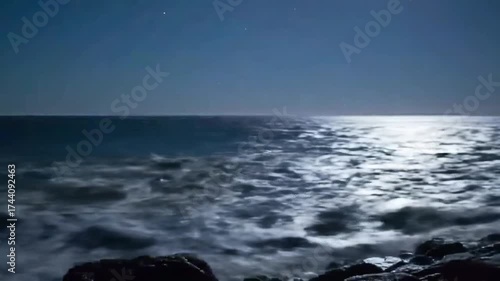Ethereal Long Exposure of a Moonlit Ocean with a Shimmering Moon Path on the Water