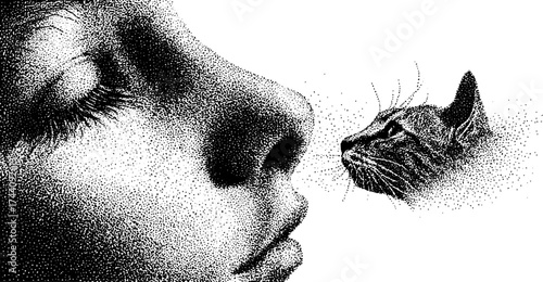 Intricate dotwork stippling portrait merging human and cat faces in harmony