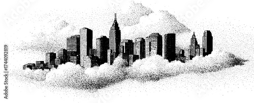 Detailed dotwork stippling illustration of a city skyline resting on clouds