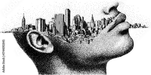 Surreal cityscape fusion with human profile in detailed stipple art