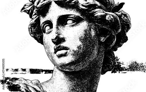 Classical marble sculpture in detailed dotwork stippling illustration