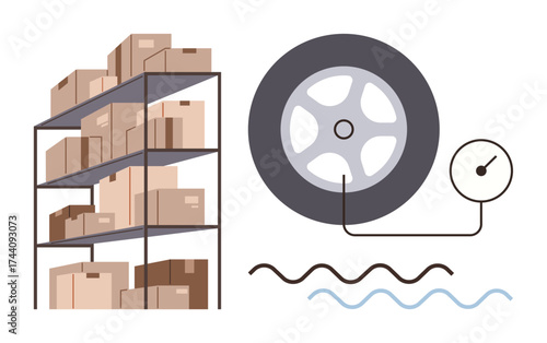 Stacked boxes on warehouse rack and tire with pressure gauge connected. Ideal for logistics, storage, vehicle maintenance, shipping, supply chain, inventory control, simple flat metaphor