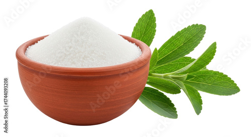 Isolated earthen bowl filled with granular sweetener and stevia plant with no background