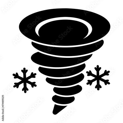 Vector art of winter storm tornado illustration, depicting a swirling vortex of snow and ice with snowflakes, conveying cold weather