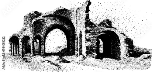 Detailed dotwork stippling illustration of a collapsed building ruin